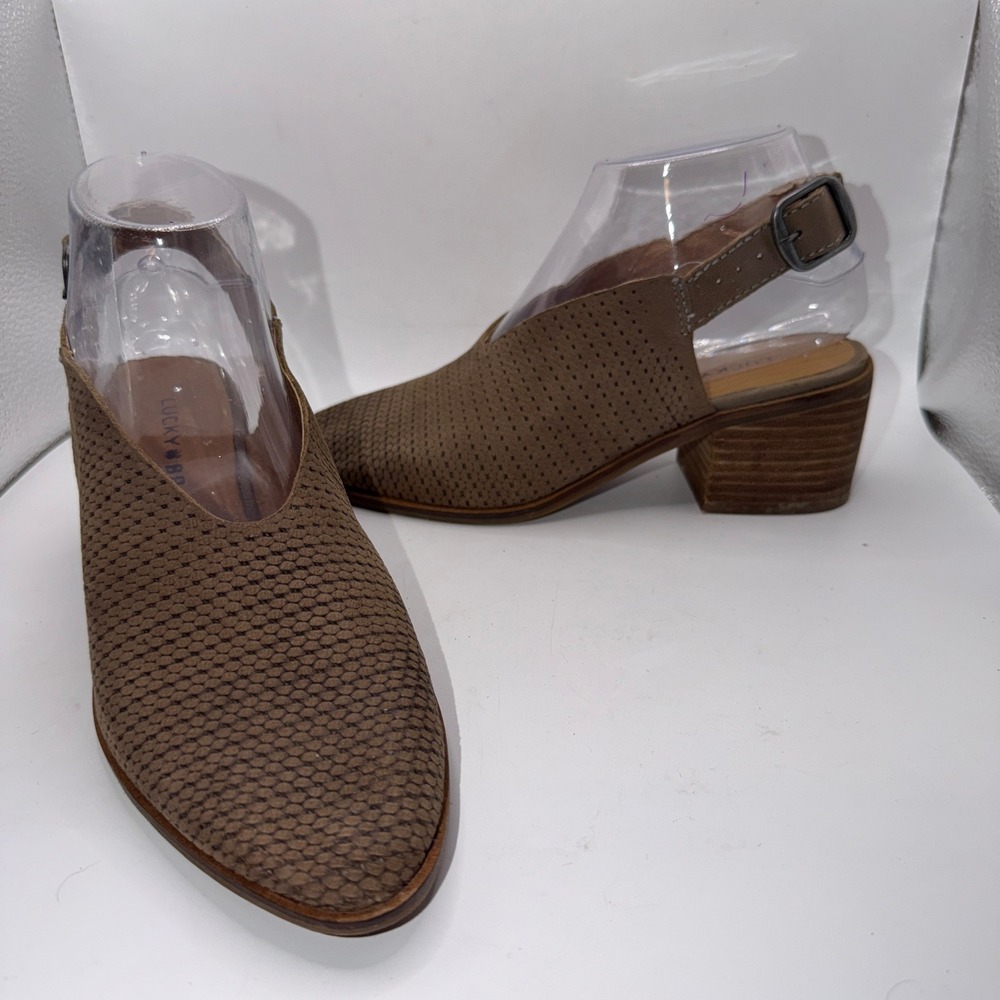 Lucky Brand Womens 6 Lideton Perforated Leather Slingback Heel Boho Taupe Sandal